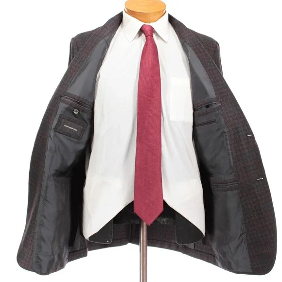 Ermenegildo Zegna Sport Coat Size 54L 44L US in Black & Red Plaid 100% Wool